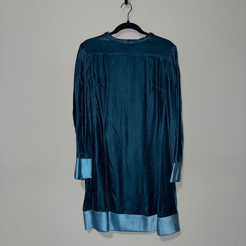 Vintage 1960s Teal Velvet‎ Mini Dress Button Front Satin Trim Long Sleeve Blue - Picture 4 of 4